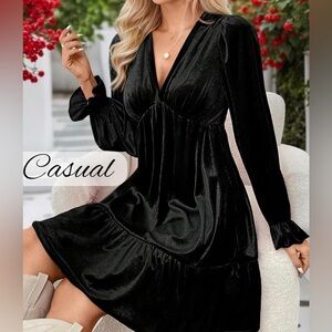 Women Sz S Velvet Mini Dress Wedding Guest V-Neck Long Sleeve Cocktail Dress